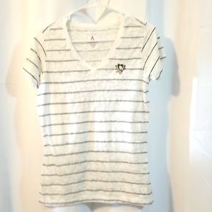 Penguins, Womens Medium White Striped V Neck Short Sleeve Sheer Shirt.